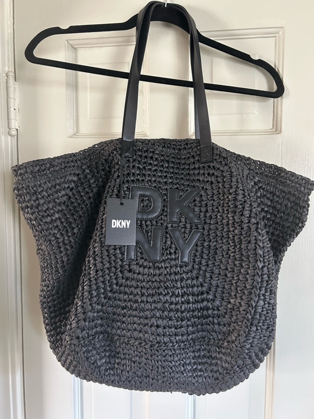 New DKNY Paloma Black Natural Weave with Stitched Logo Large Tote Bag MSRP $148